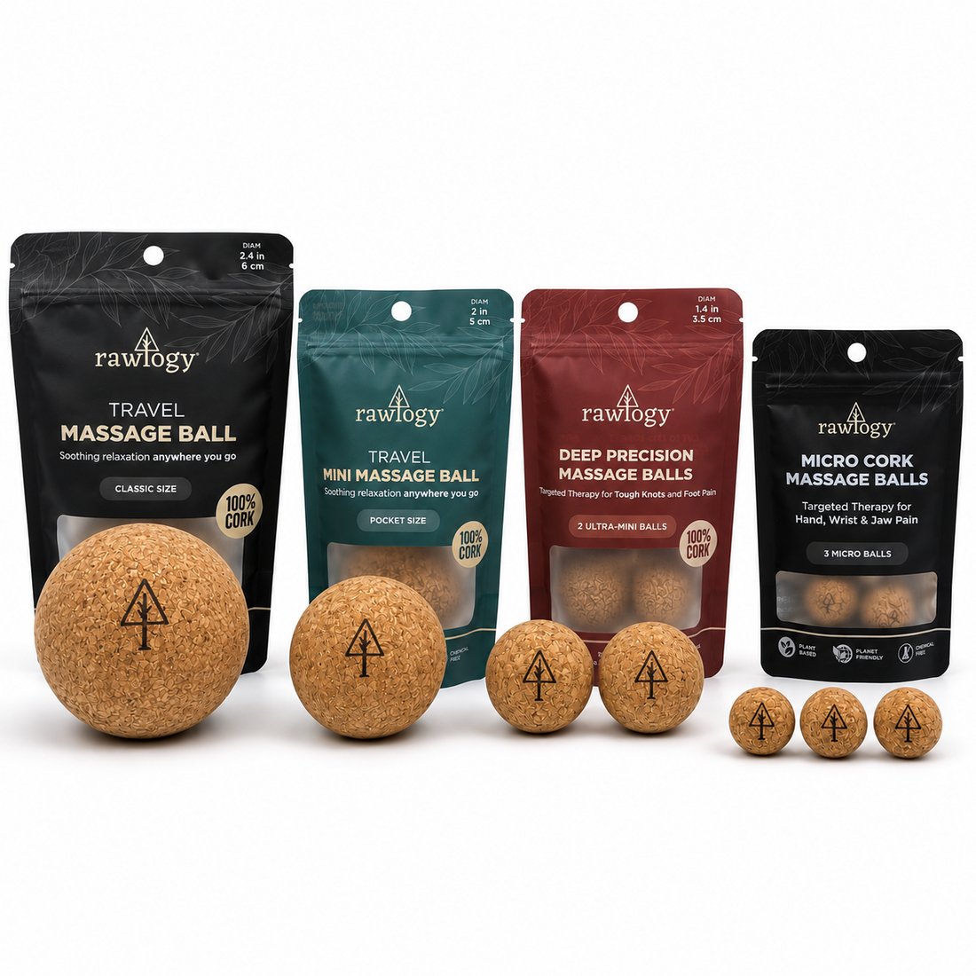 Rawlogy Complete Size Bundle with Classic, Mini, Ultra Mini and Micro cork massage balls